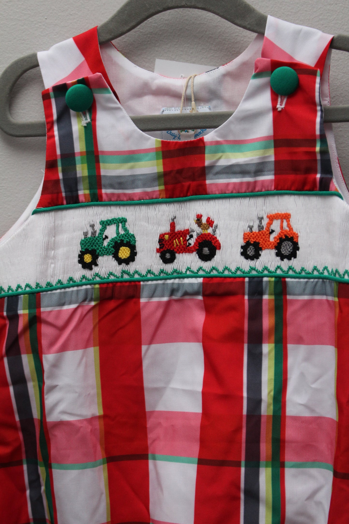 Busy Bees • NWT Multi Color Plaid Smocked Tractor Bubble • 3T