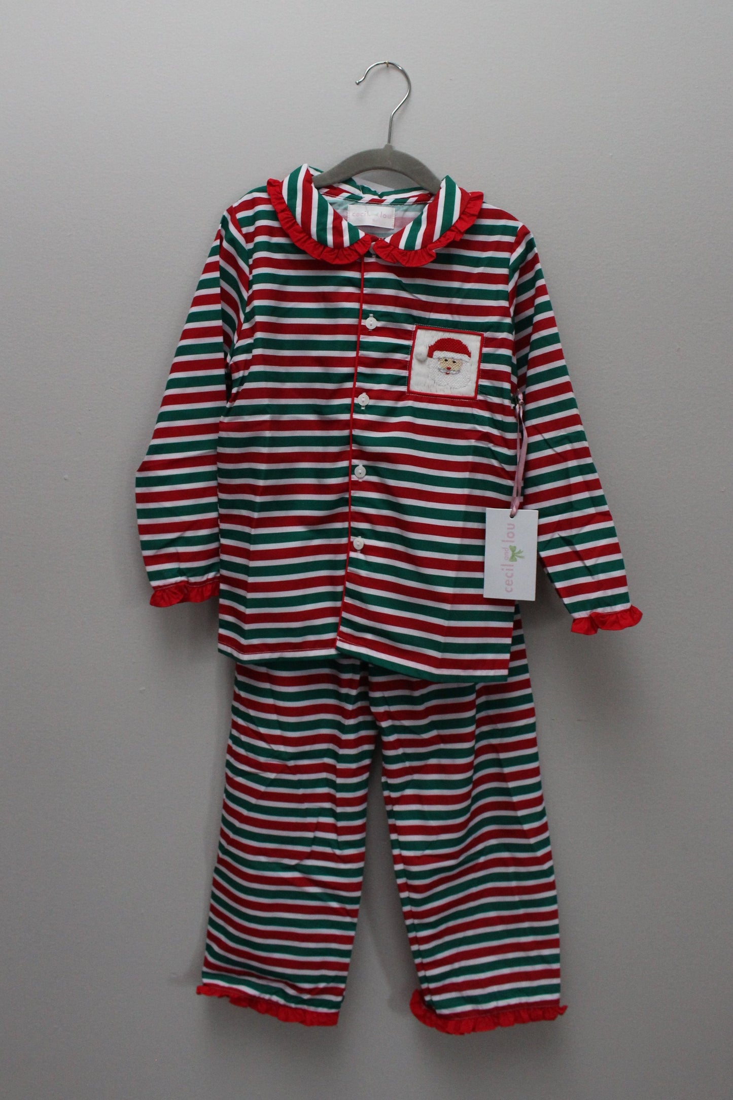 Cecil & Lou • NWT Red, Green & White Stripe Santa Smock PJ Set • 5T