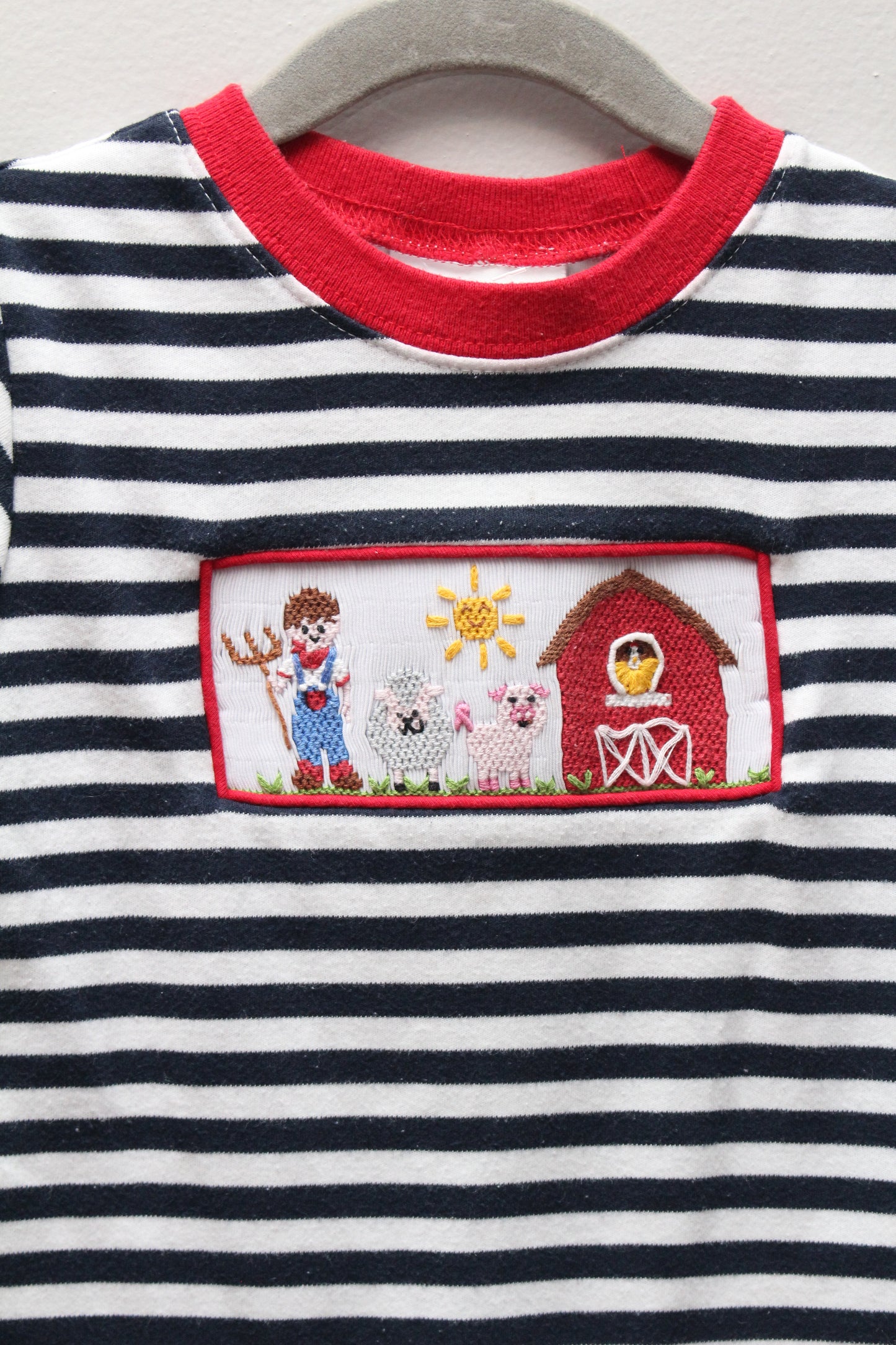 Zuccini Kids • Navy & White Stripe Farm Animal Smocked Romper • 12 Months