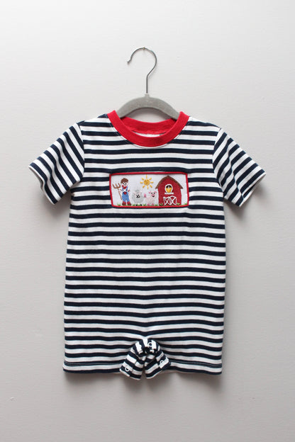 Zuccini Kids • Navy & White Stripe Farm Animal Smocked Romper • 12 Months