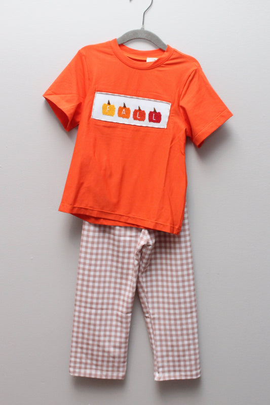 Ambabie • Orange "FALL" Smocked Pant Set • 3T