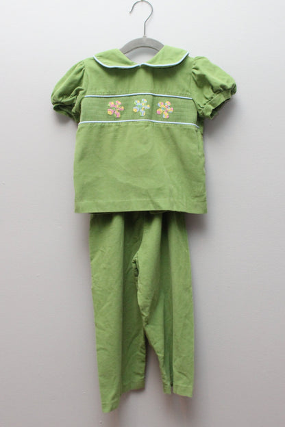 Castles & Crown • Green Pincord Flower Smocked Pant Set • 4T