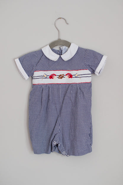 Carriage Boutiques • Navy Gingham Football Smocked Romper • 6 Months