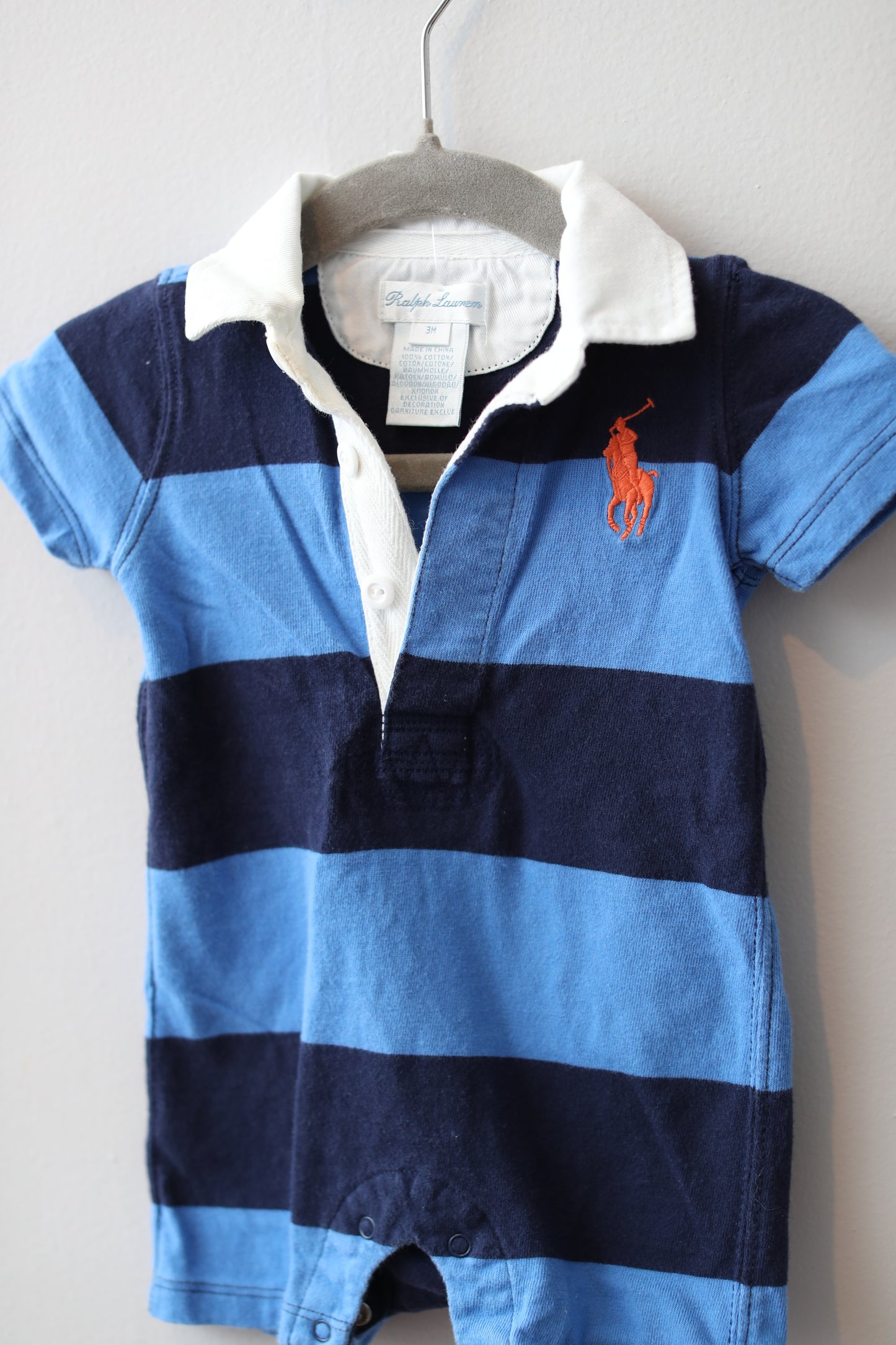 Ralph Lauren • Blue Stripe Polo Romper • 3 Months