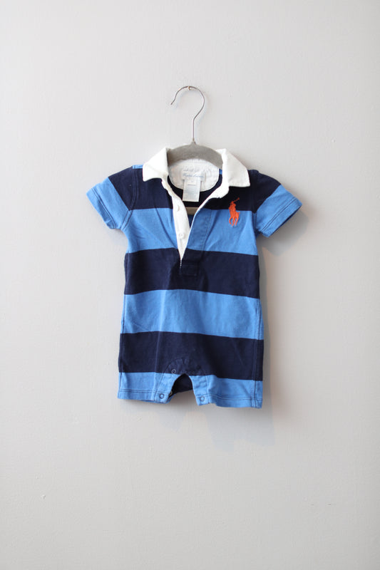 Ralph Lauren • Blue Stripe Polo Romper • 3 Months