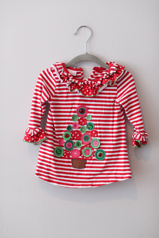 Bonnie Baby • Red & White Stripe Christmas Tree Applique Shirt • 12 Months