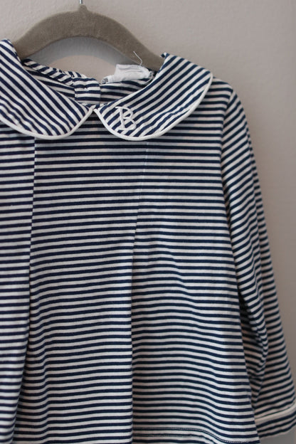 Honey by Busy Bees • "B" Embroidered Navy Blue & White Stripe Peterpan Shirt • 2T