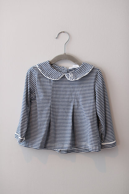 Honey by Busy Bees • "B" Embroidered Navy Blue & White Stripe Peterpan Shirt • 2T