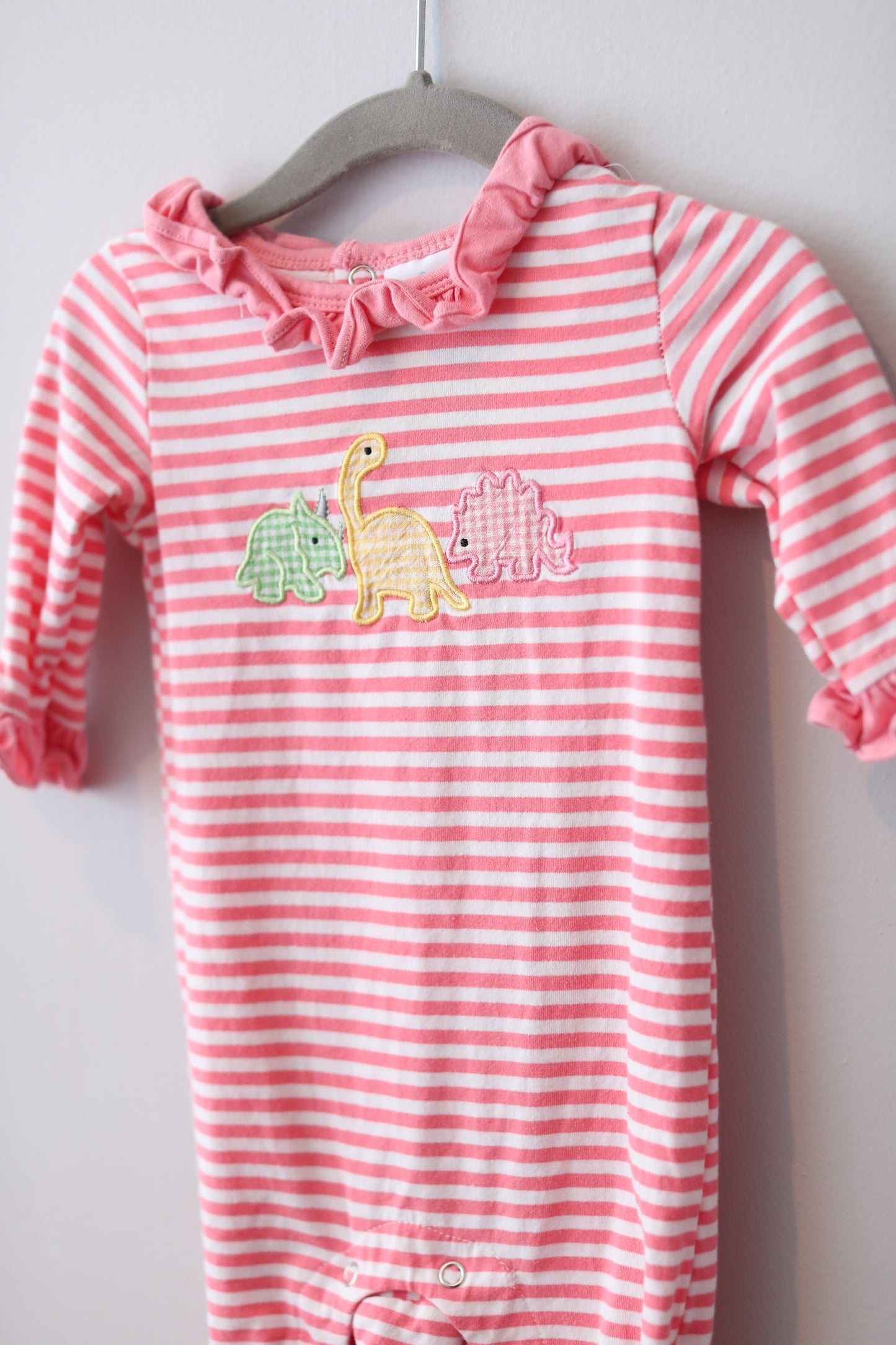 Stitchy Fish • Pink & White Stripe Dino Applique Longall • 6 Months