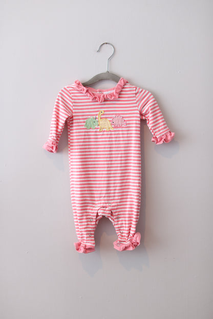 Stitchy Fish • Pink & White Stripe Dino Applique Longall • 6 Months