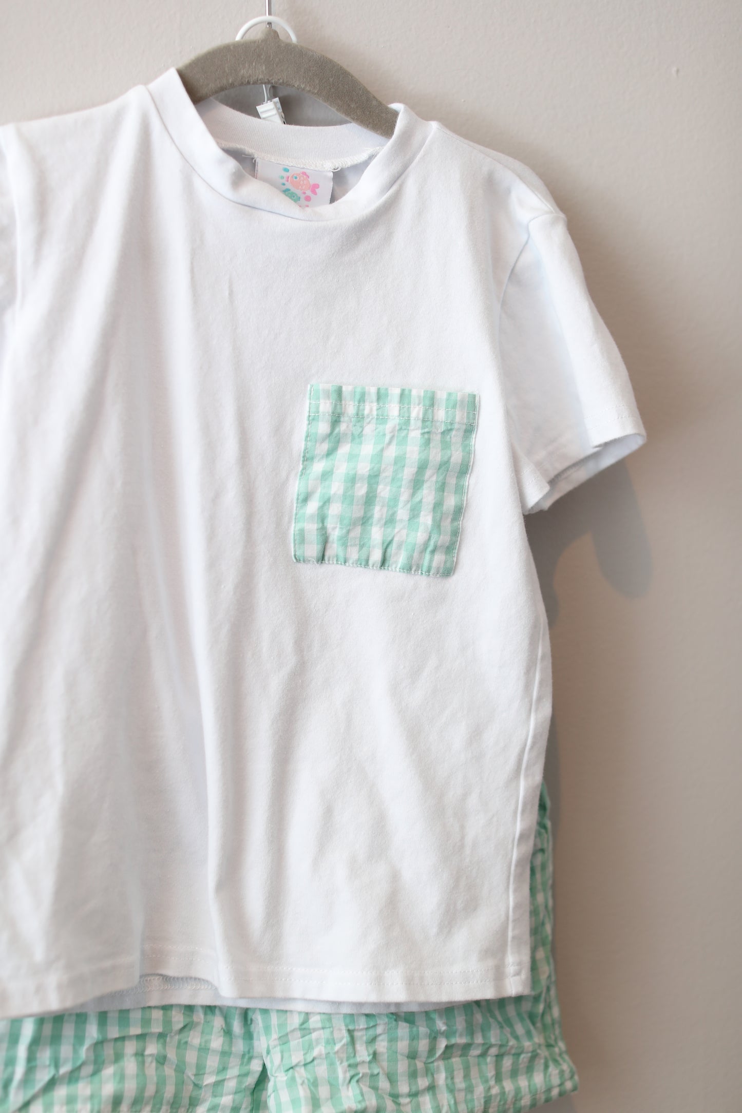 Stitchy Fish • Teal Gingham Short Set • 5T