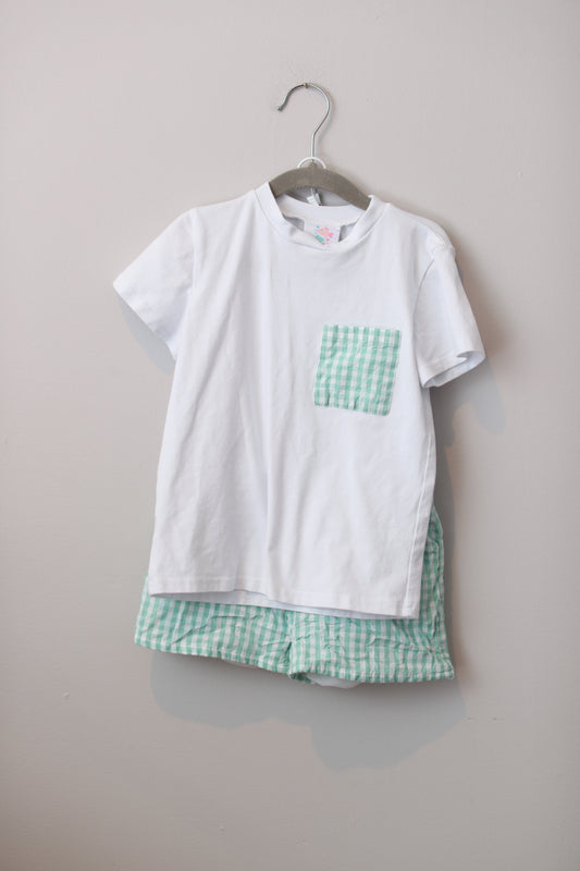 Stitchy Fish • Teal Gingham Short Set • 5T