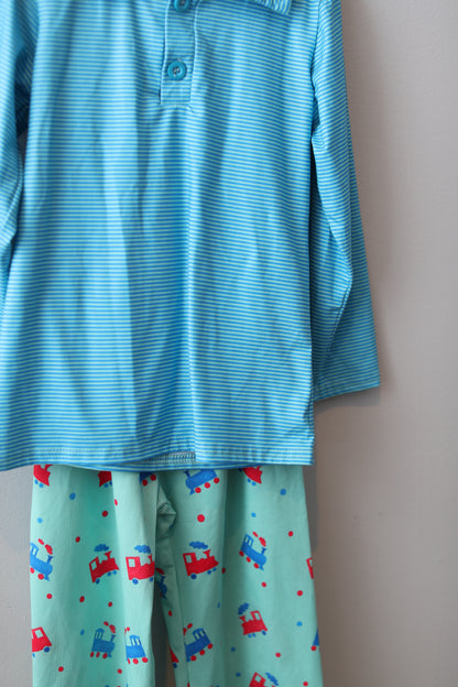 Sassy Stitches • Blue & Teal Train Pant Set • 4T