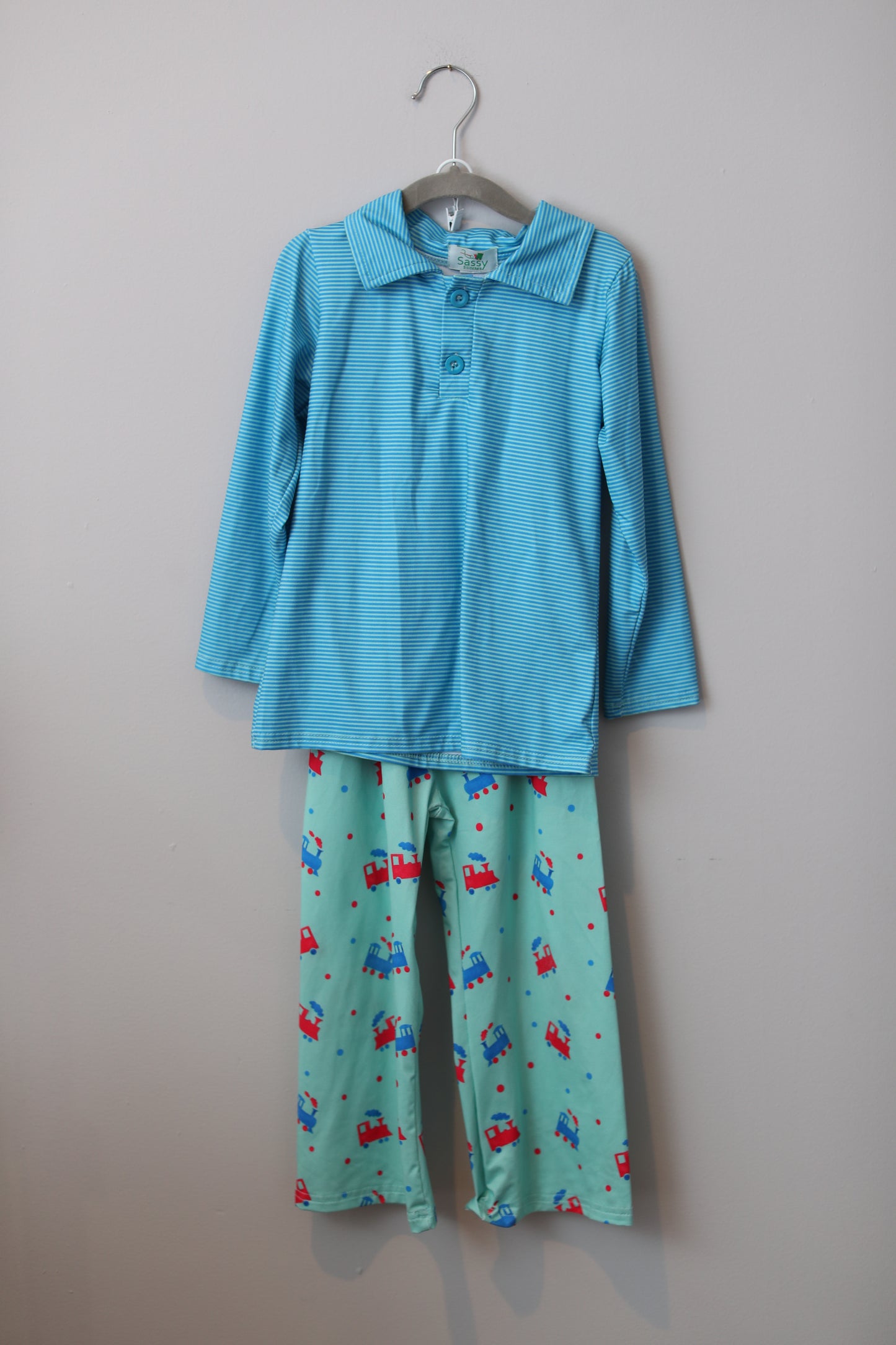 Sassy Stitches • Blue & Teal Train Pant Set • 4T