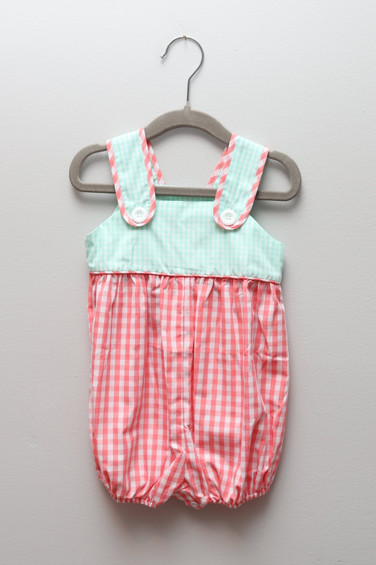 Banana Split • NWT Coral & Aqua Gingham Romper • 12 Months