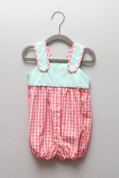 Banana Split • NWT Coral & Aqua Gingham Romper • 12 Months