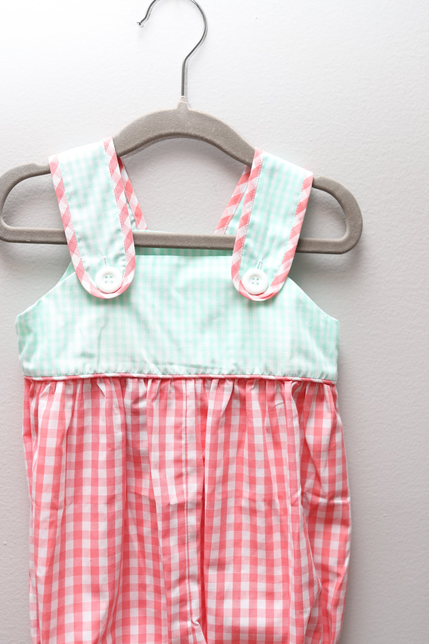 Banana Split • NWT Coral & Aqua Gingham Romper • 12 Months