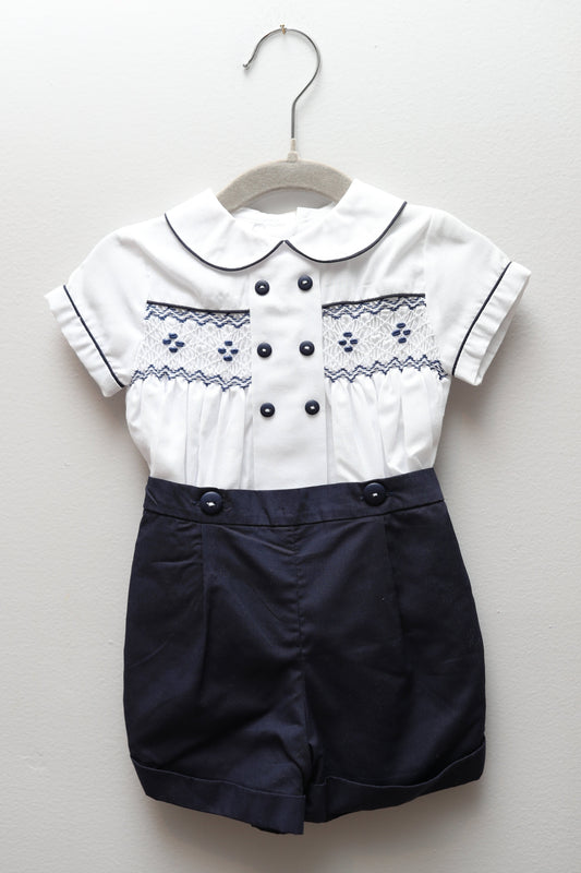 Sarah Louise • NWT White & Navy Smocked Bobby Suit • 6 Months