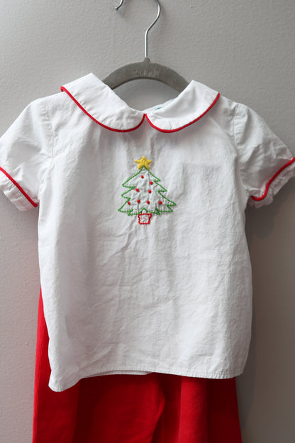 Sugar Dumplins • White Christmas Tree Embroidered Pant Set • 2T