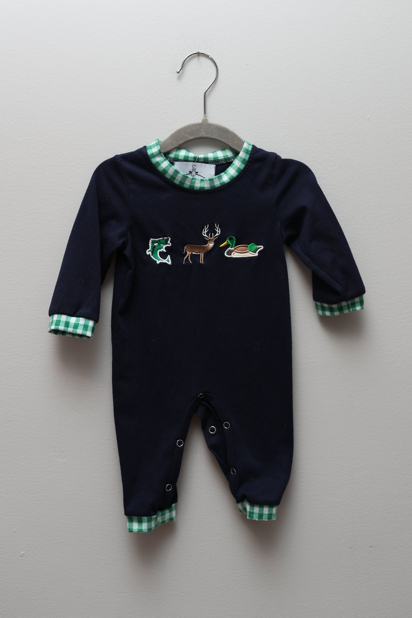 All Smocked Boutique • Navy Hunting Theme Romper • 0-3 Months