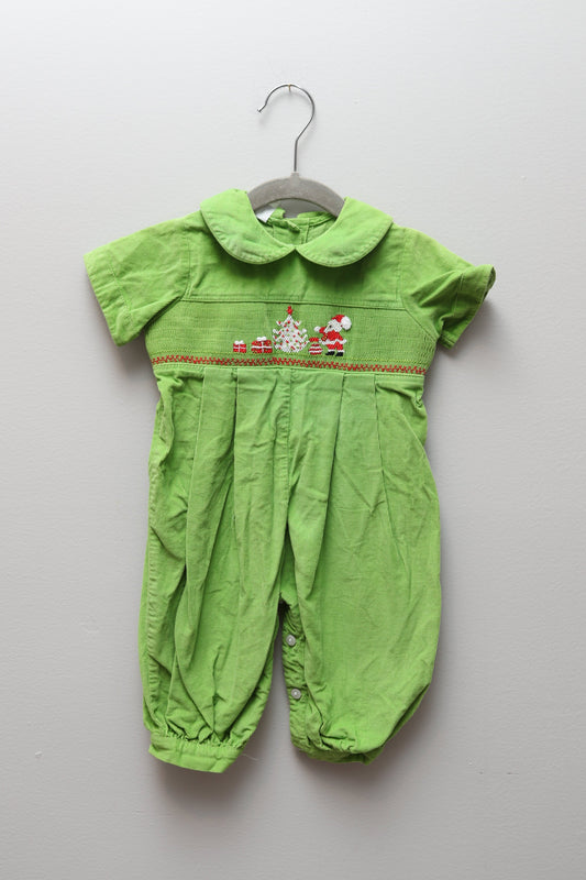 Amanda Remembered • Green Santa Smocked Romper • 9 Months