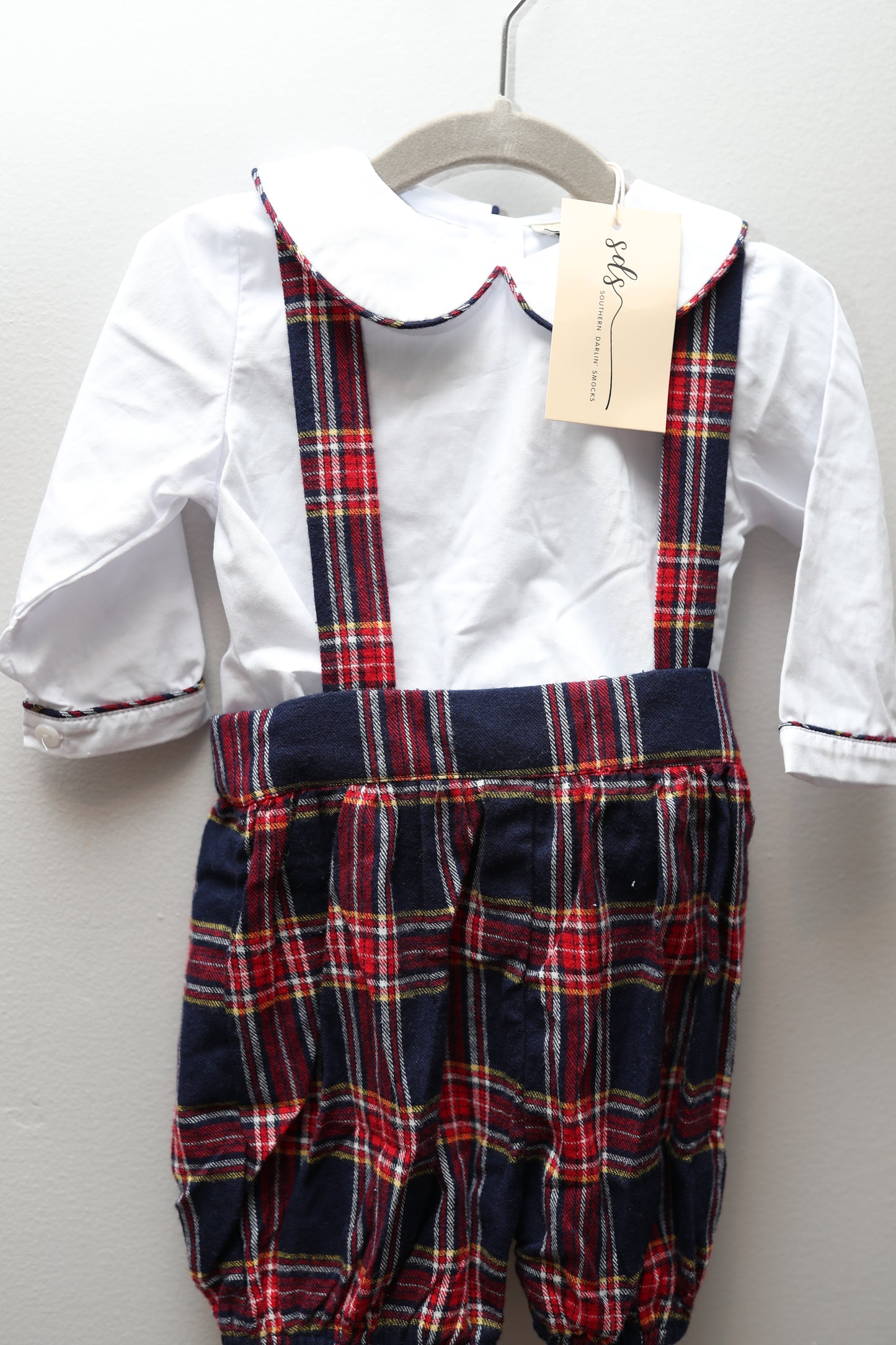 Southern Darlin Smocks • NWT Navy & Plaid Bobby Suit • 9 Months