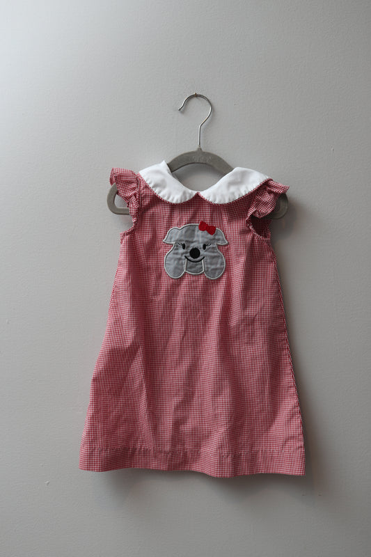 Charming Little One • Red Gingham Bulldog Applique Dress • 2T