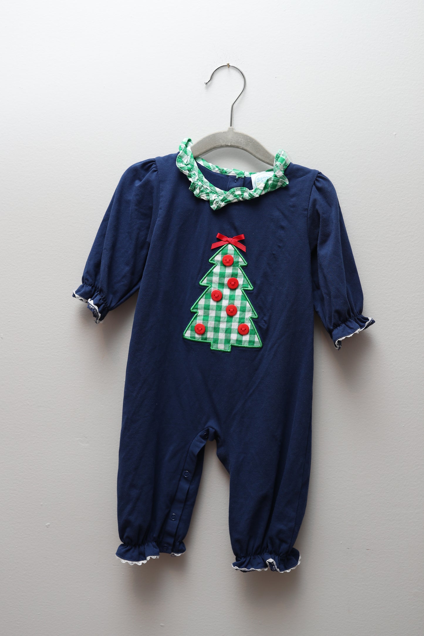 Sugar Dumplins • Navy Christmas Tree Applique Longall • 6 Months