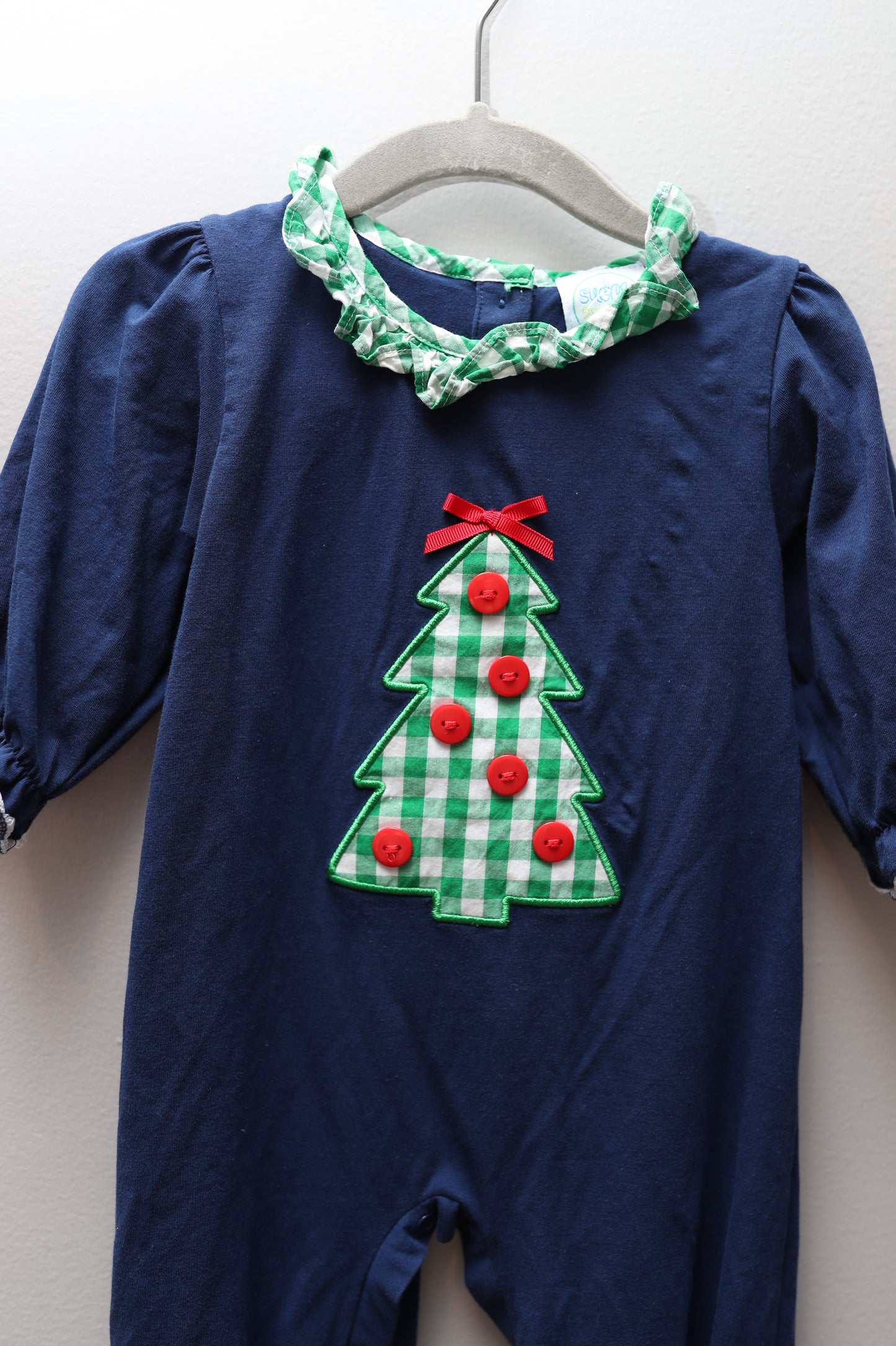 Sugar Dumplins • Navy Christmas Tree Applique Longall • 6 Months