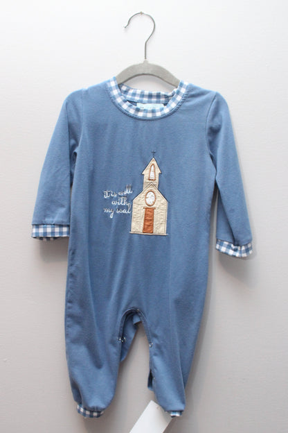 Thomas & Turner • Blue Knit "It Is Well With My Soul" Romper • 12/18 Months