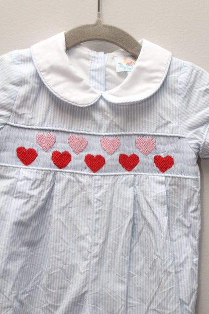 Busy Bees Smocks • Blue & White Striped Heart Smocked Romper • 3 Months