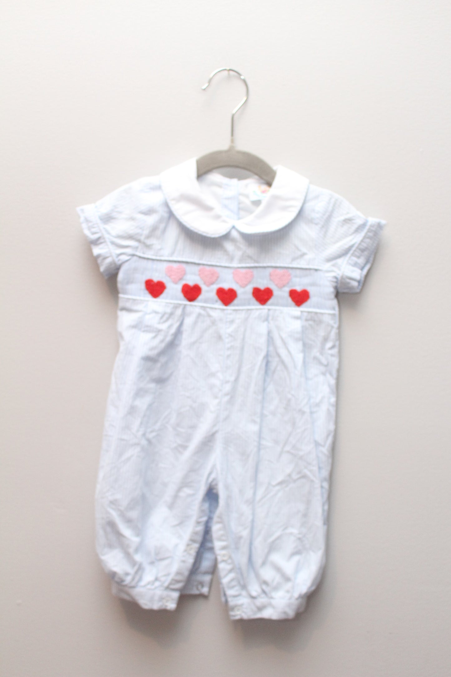 Busy Bees Smocks • Blue & White Striped Heart Smocked Romper • 3 Months