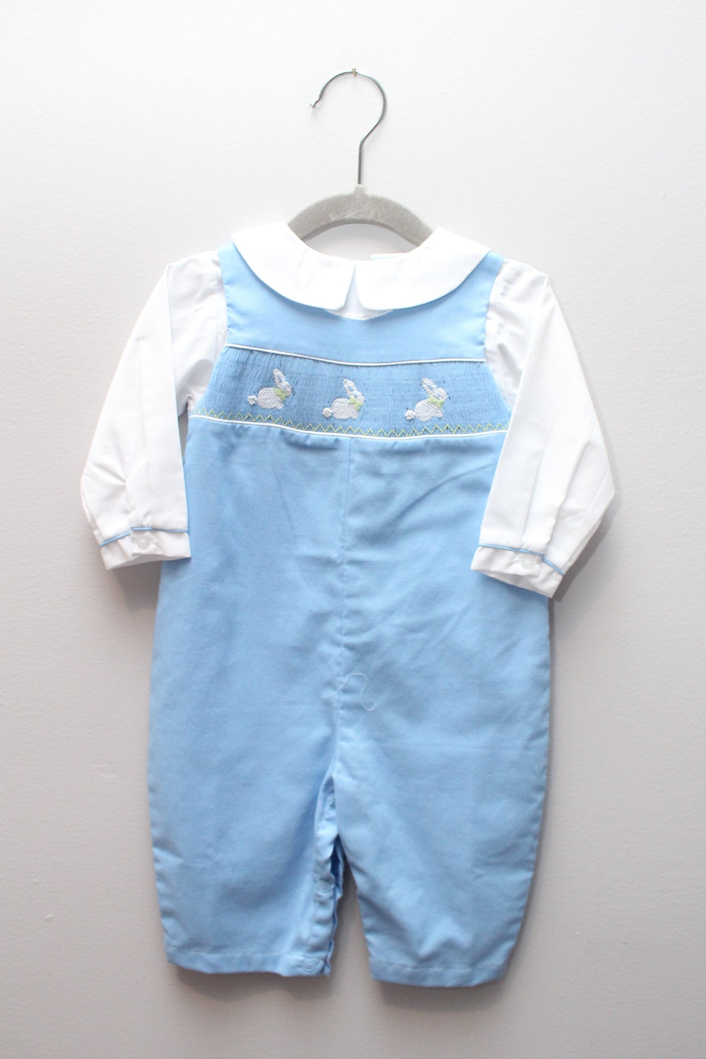 Petit Pomme • Blue Bunny Smocked Longall • 9 Months