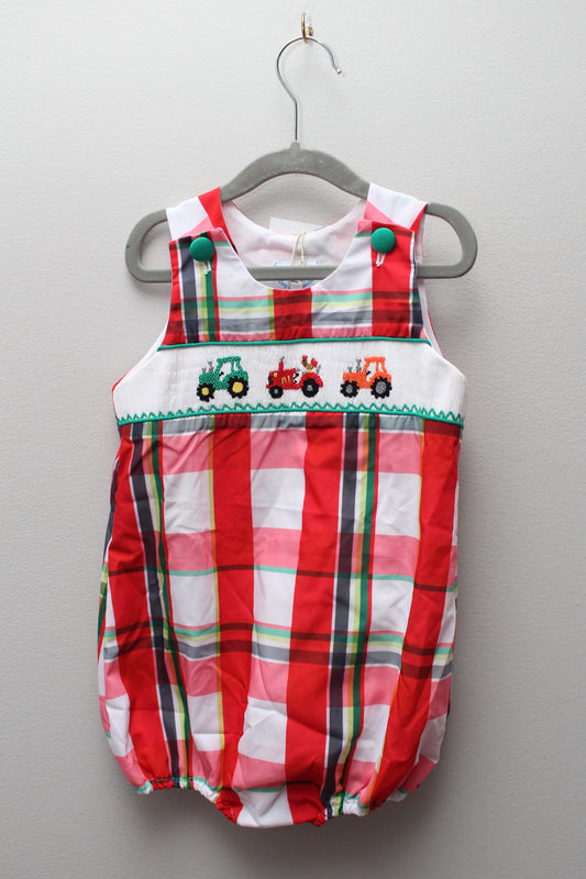 Busy Bees • NWT Multi Color Plaid Smocked Tractor Bubble • 3T