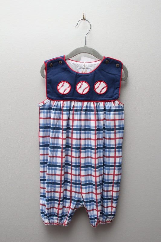 Busy Bees • NWT Red & Navy Plaid Baseball Romper • 3T