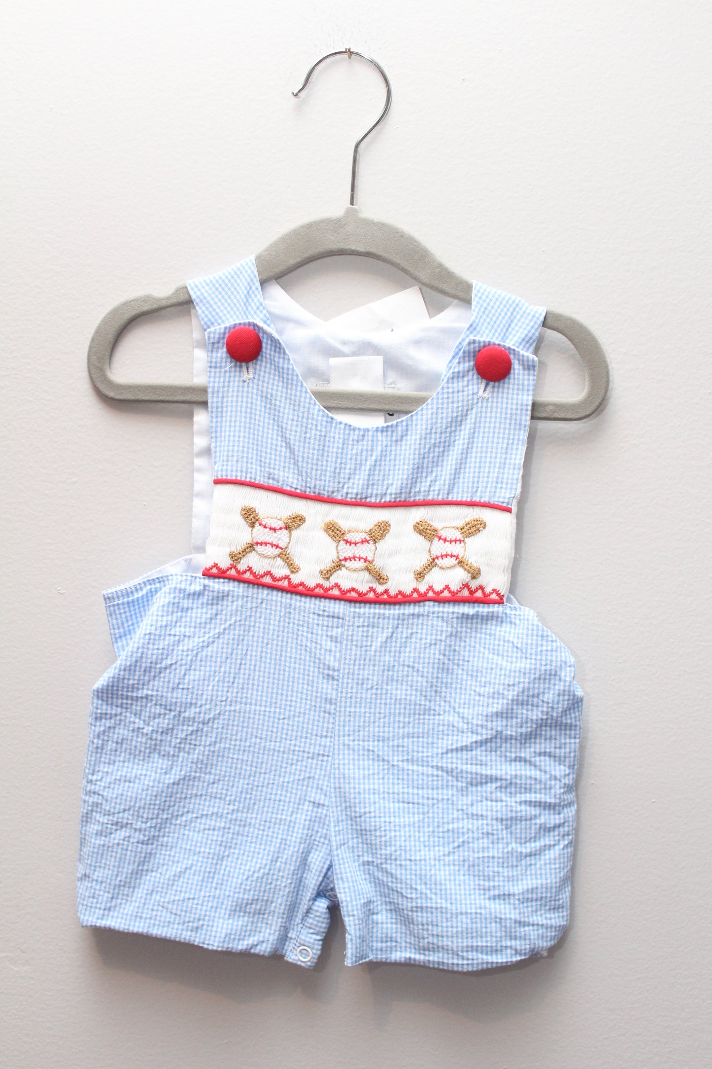 Barefoot • Blue Gingham Baseball Smocked Jon Jon • 6 Months