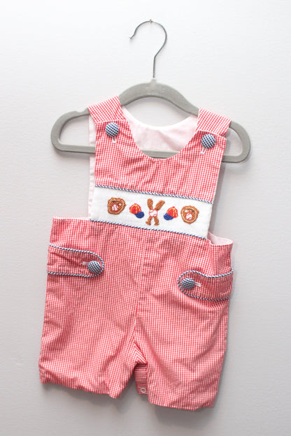 Babeeni • Red Gingham Baseball Smocked Jon Jon • 6 Months