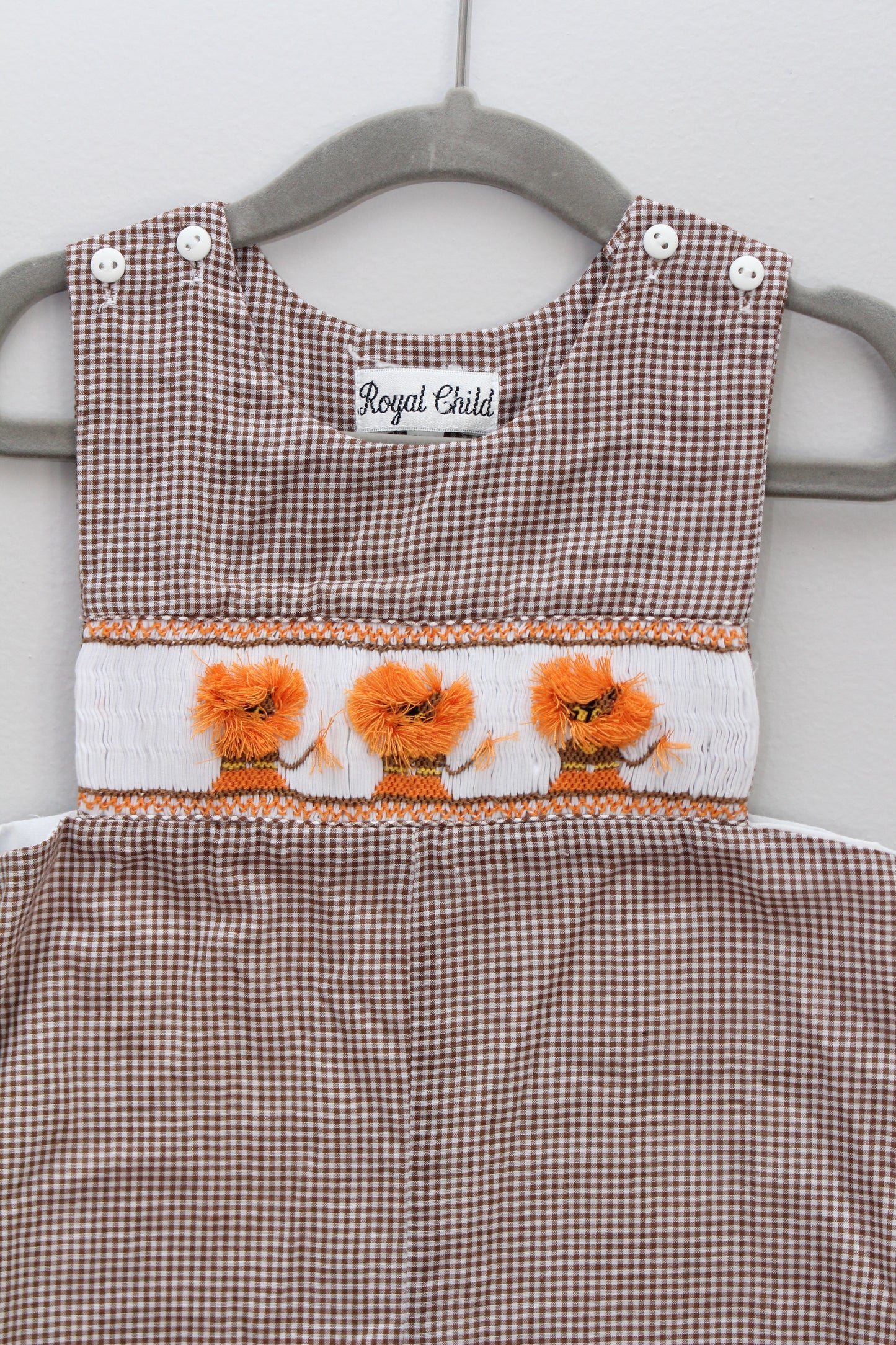 Royal Child • Brown Gingham Lion Smocked Longall • 12 Months