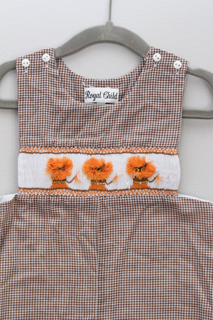 Royal Child • Brown Gingham Lion Smocked Longall • 12 Months