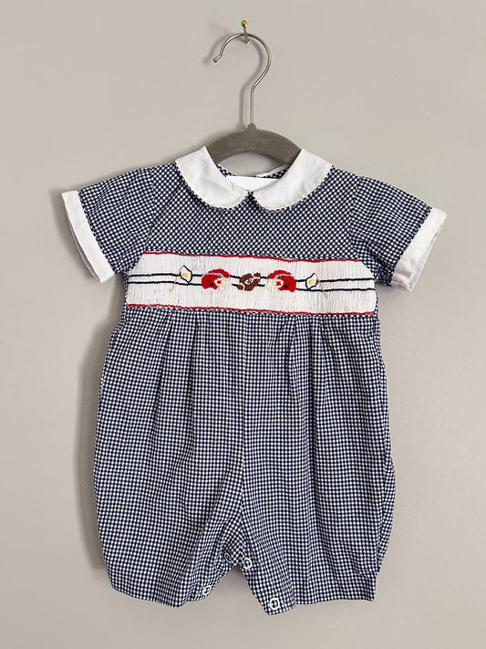 Carriage Boutique • Navy Gingham Football Themed Smocked Bubble • 6 Months