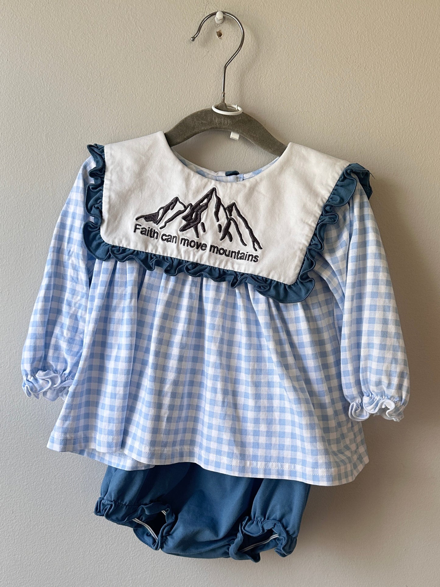 Gracious Bear Smocks • Blue Gingham "Faith Can Move Mtns" Diaper Set • 18 Months