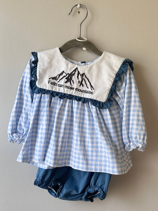 Gracious Bear Smocks • Blue Gingham "Faith Can Move Mtns" Diaper Set • 18 Months