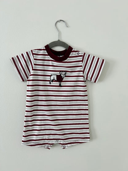 Ishtex • NWT Crimson & Grey Stripe Bulldog Applique Romper • 9 Months