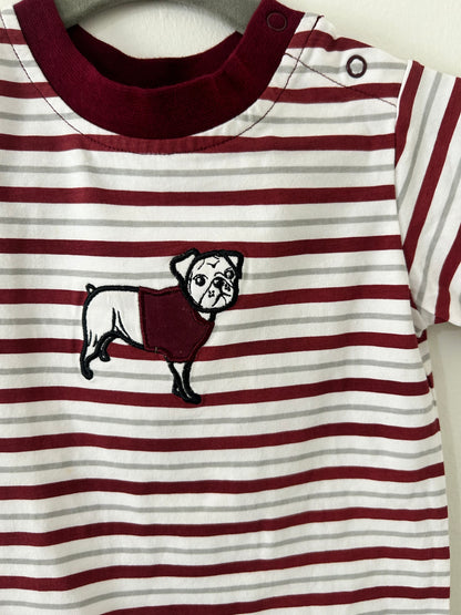 Ishtex • NWT Crimson & Grey Stripe Bulldog Applique Romper • 9 Months