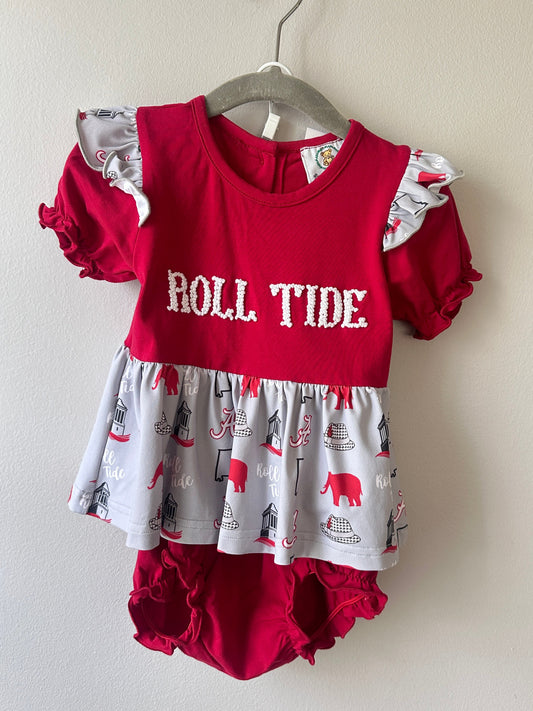 Gracious Bear Smocks • Alabama "Roll Tide" French Knot Diaper Set • 9 Months