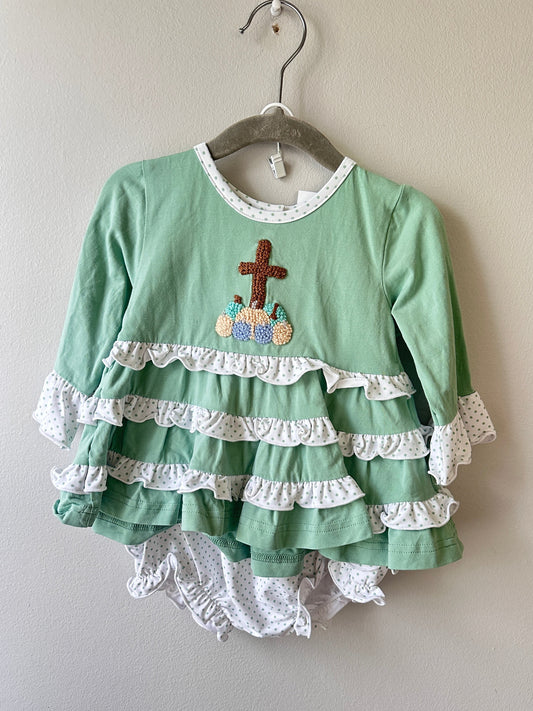 Gracious Bear Smocks • Sage Green Pumpkin Cross French Knot Diaper Set • 9 Months