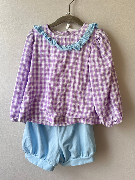 Stitchy Fish • Purple Gingham w/ Blue Bloomer Short Set • 2T